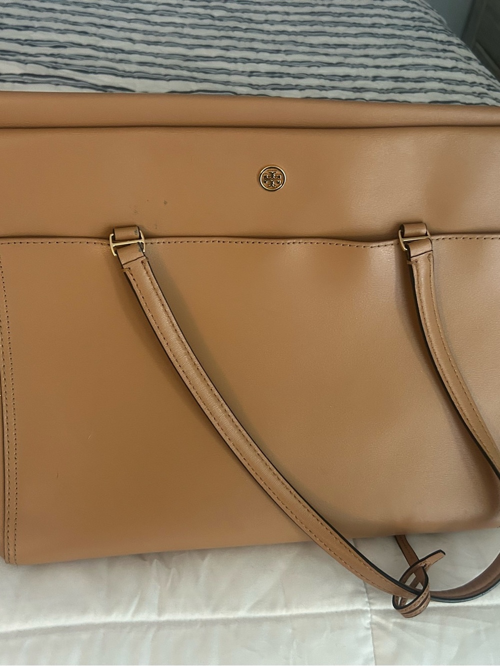 Tory Burch Caramel Leather Tote with Gold Logo
